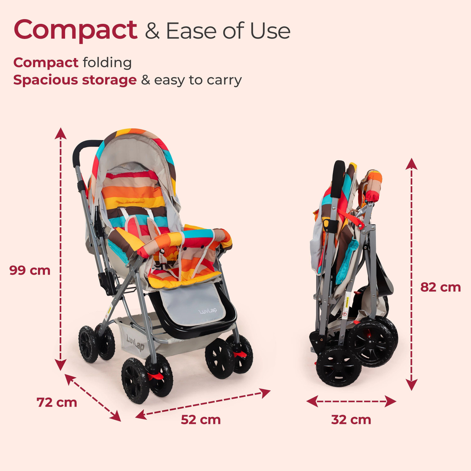 Image of LuvLap Sunshine Stroller /Pram, Easy Fold, for Newborn Baby /Kids, 0-3 Years, Stroller