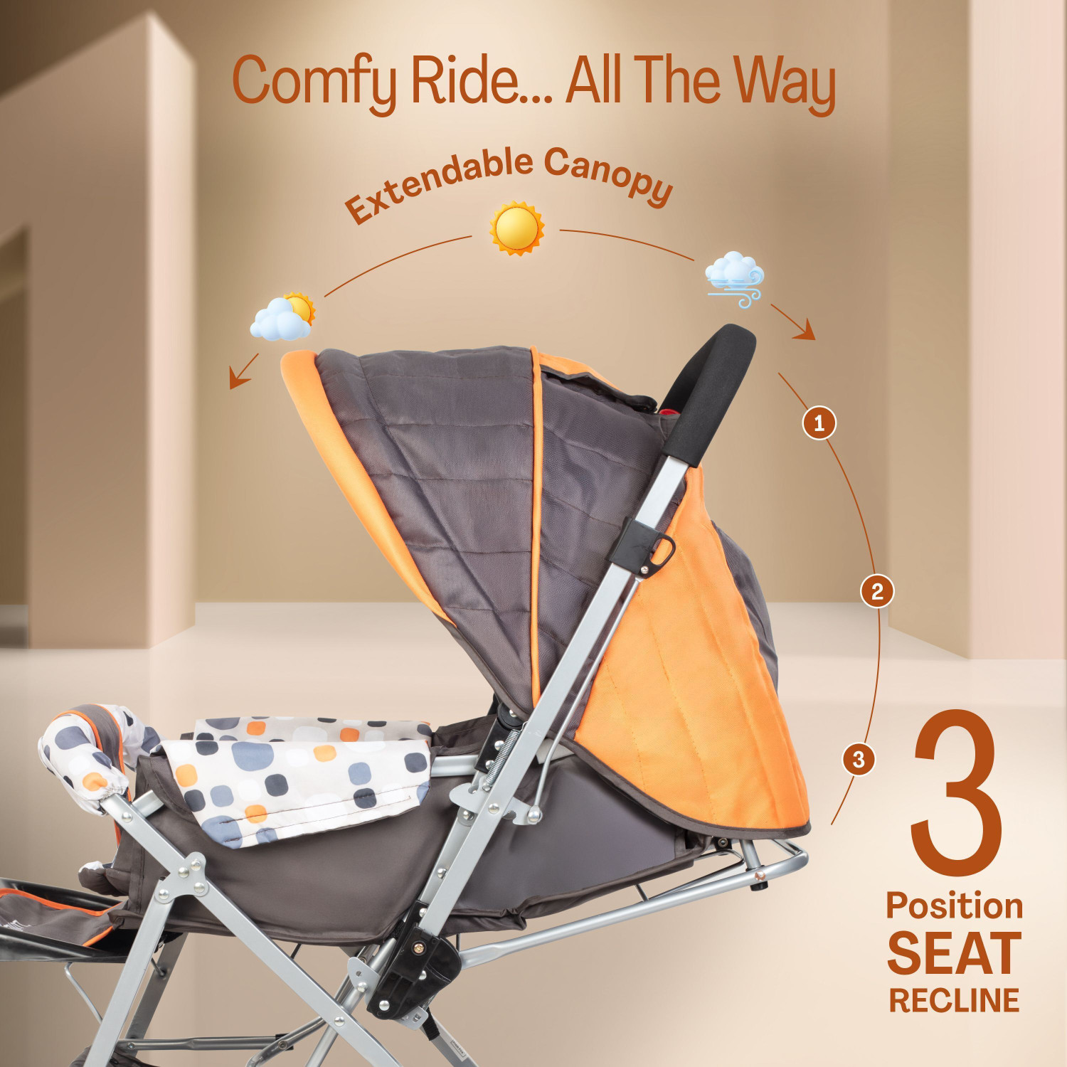 Image of LuvLap Sunshine Stroller /Pram, Easy Fold, for Newborn Baby /Kids, 0-3 Years, Stroller (3, Orange)