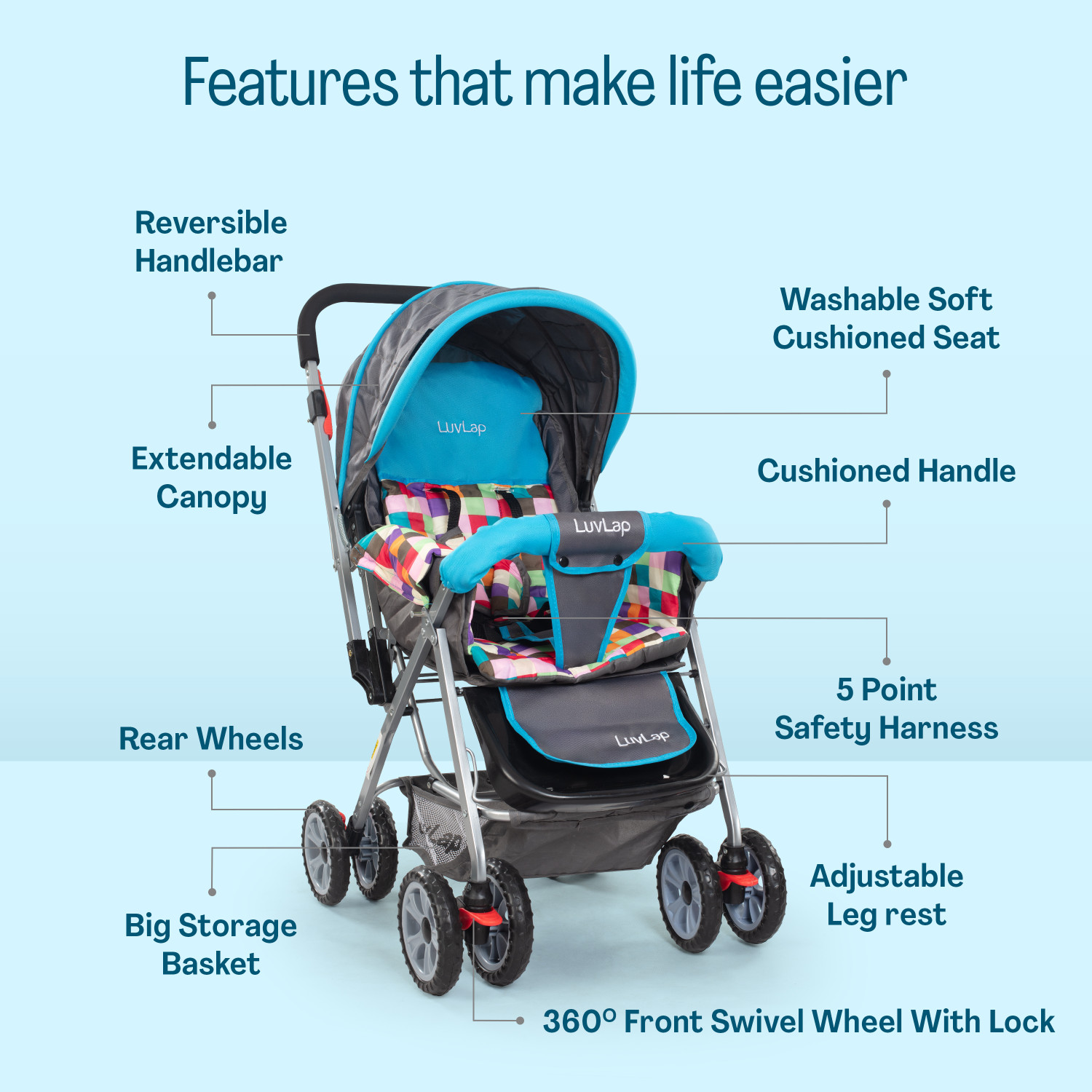 Image of LuvLap Sunshine Stroller /Pram, Easy Fold, for Newborn Baby /Kids, 0-3 Years, Stroller