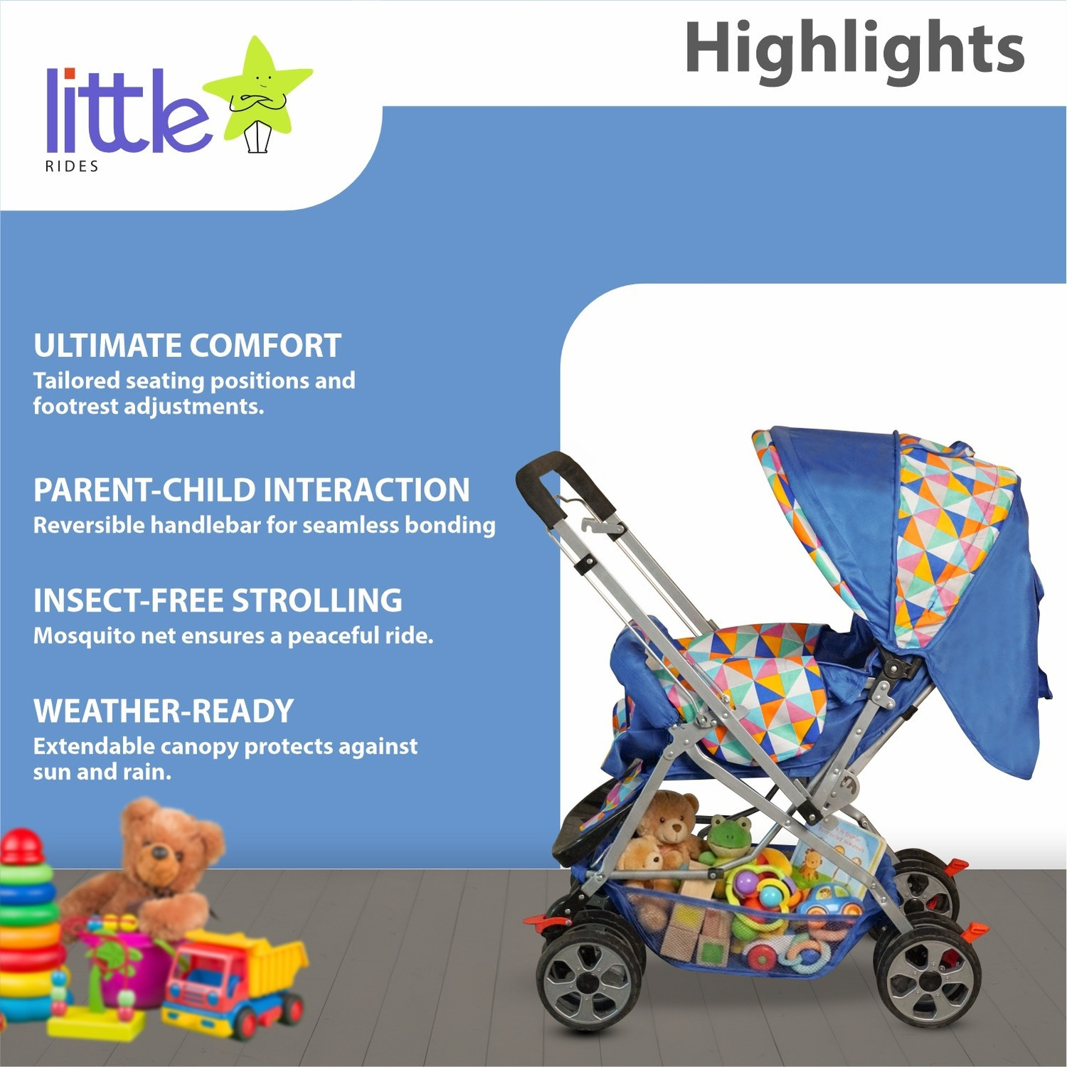 Image of LITTLE RIDES Premium Baby Foldable Travel Stroller for Kids 360 Shock-Absorbing Wheels Stroller