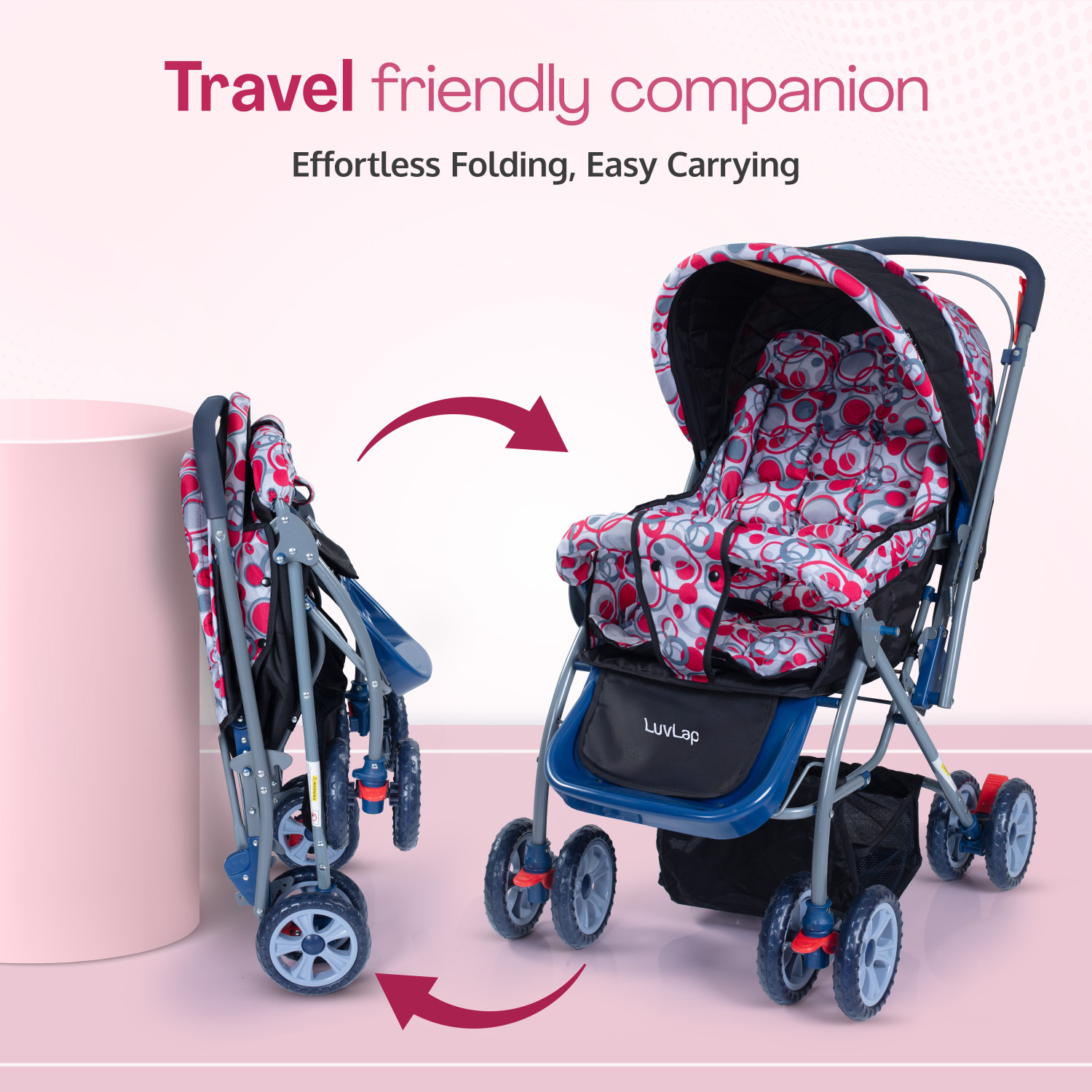 Image of LuvLap Starshine Stroller /Pram, Easy Fold for Newborn Baby /Kids, 0-3 Years, Stroller (3, Pink)