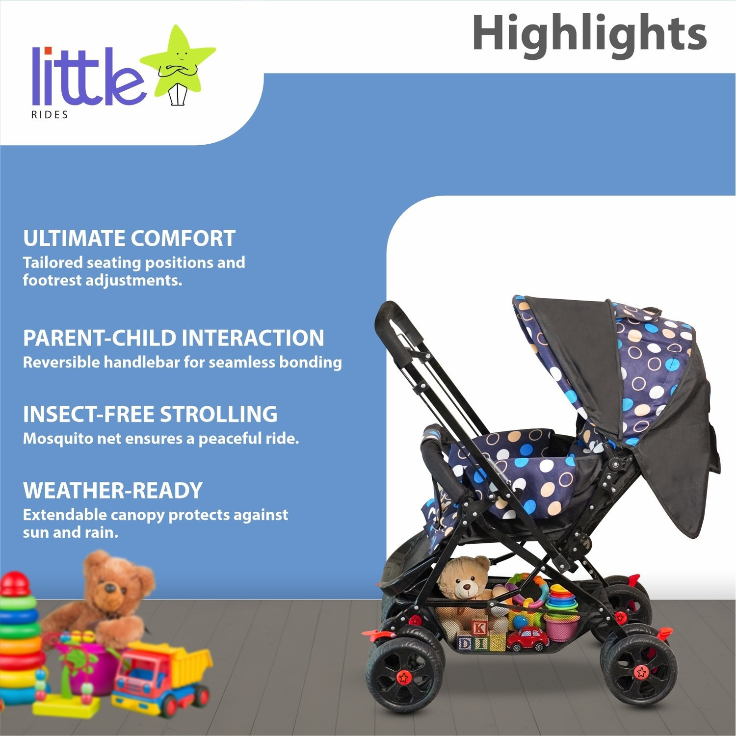Image of LITTLE RIDES Premium Baby Foldable Travel Stroller for Kids 360 Shock-Absorbing Wheels Stroller