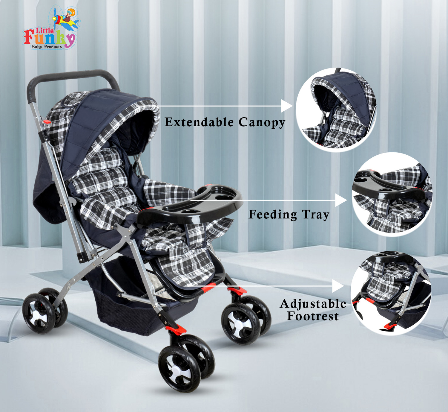 Image of Little Funky Adjustable backrest, 360 Swivel Wheel , Reversible Handlebar Feeding Tray Pram Stroller