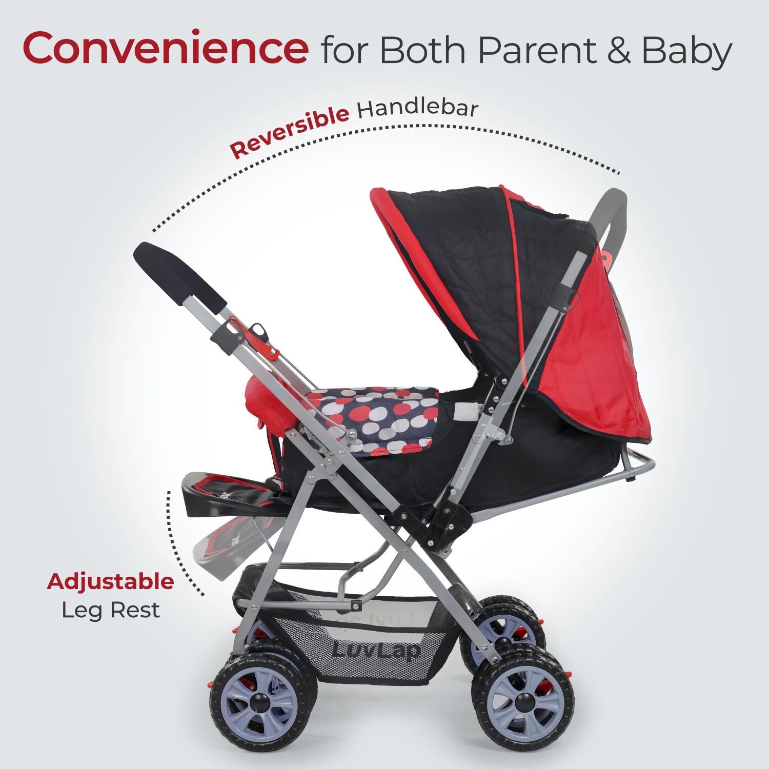 Image of LuvLap Sunshine Stroller /Pram, Easy Fold, for Newborn Baby /Kids, 0-3 Years, Stroller (3, Red)