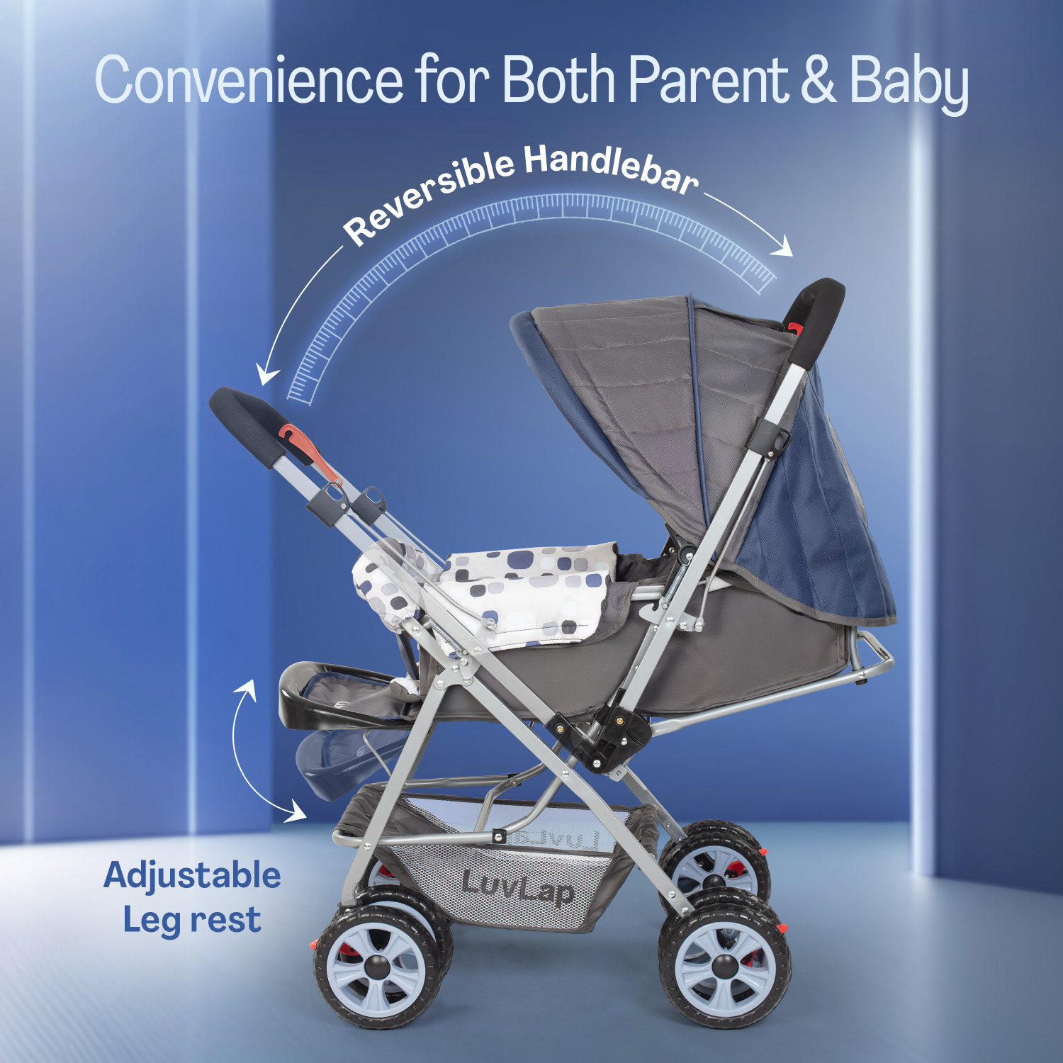 Image of LuvLap Sunshine Stroller /Pram, Easy Fold, for Newborn Baby /Kids, 0-3 Years, Stroller (3, Navy Blue)
