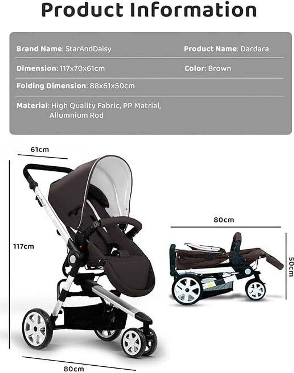 Image of StarAndDaisy Baby Stroller | Pram for kids with Wheel Brake - New Born Girl & Boy Stroller Stroller