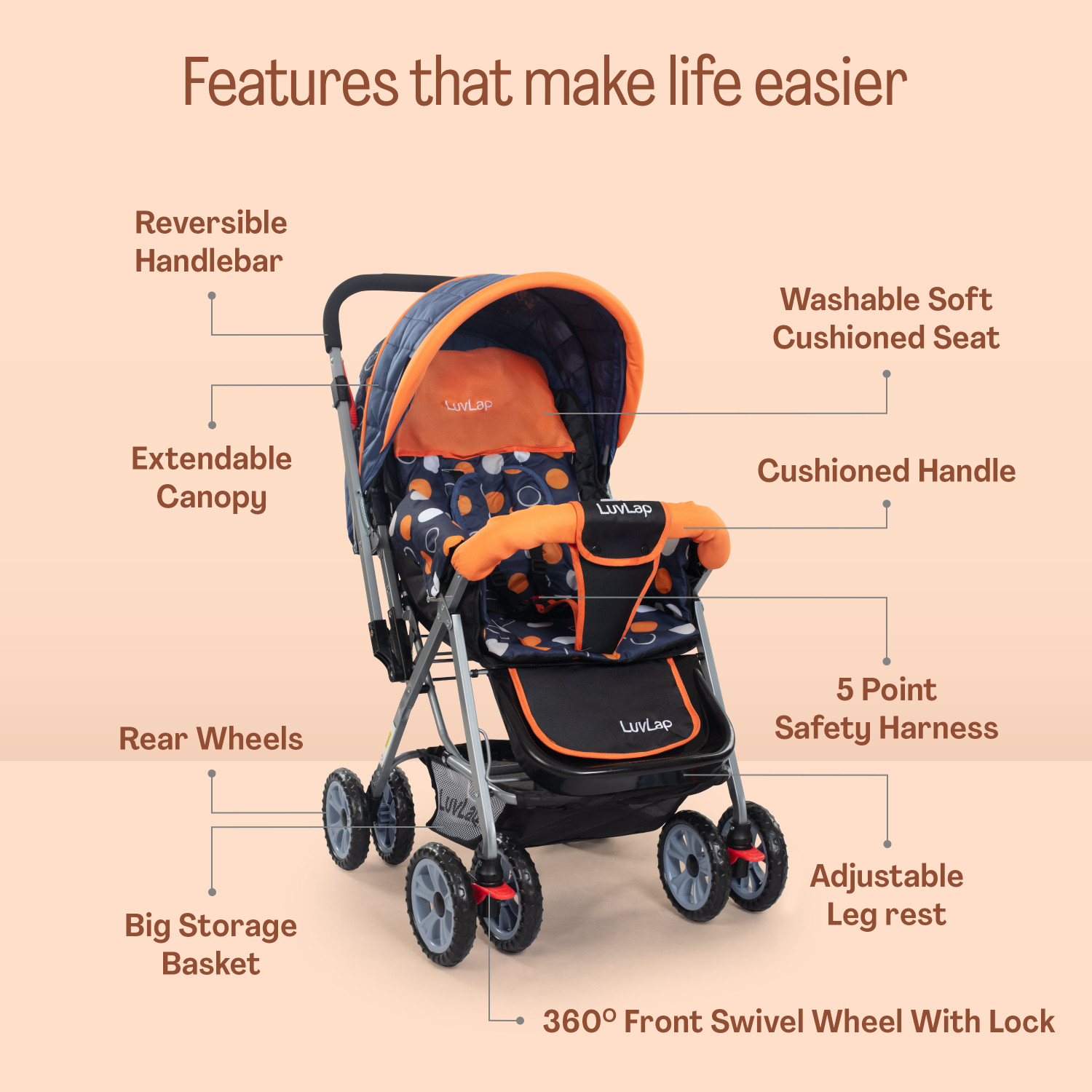 Image of LuvLap Sunshine Stroller /Pram, Easy Fold, for Newborn Baby /Kids, 0-3 Years, Stroller (3, Orange)