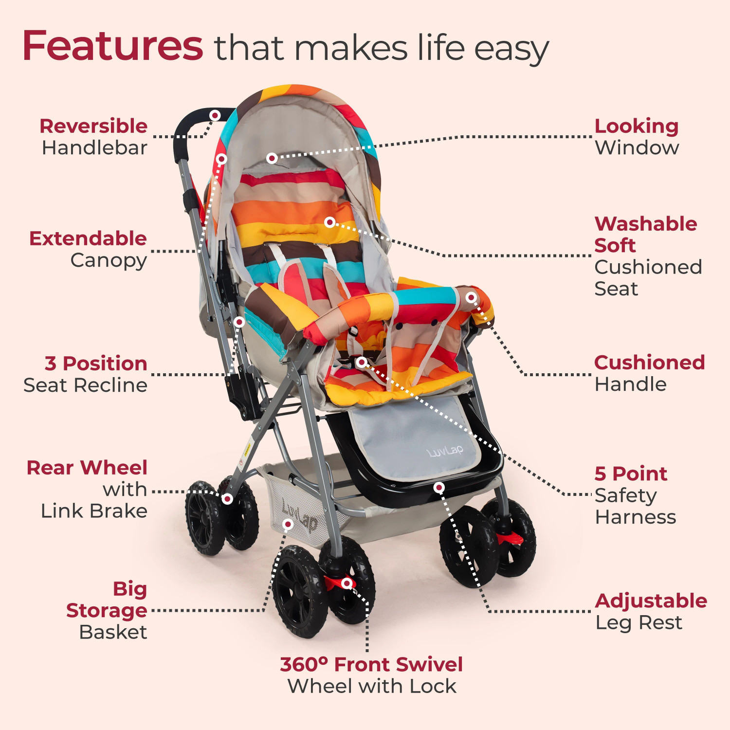 Image of LuvLap Sunshine Stroller /Pram, Easy Fold, for Newborn Baby /Kids, 0-3 Years, Stroller