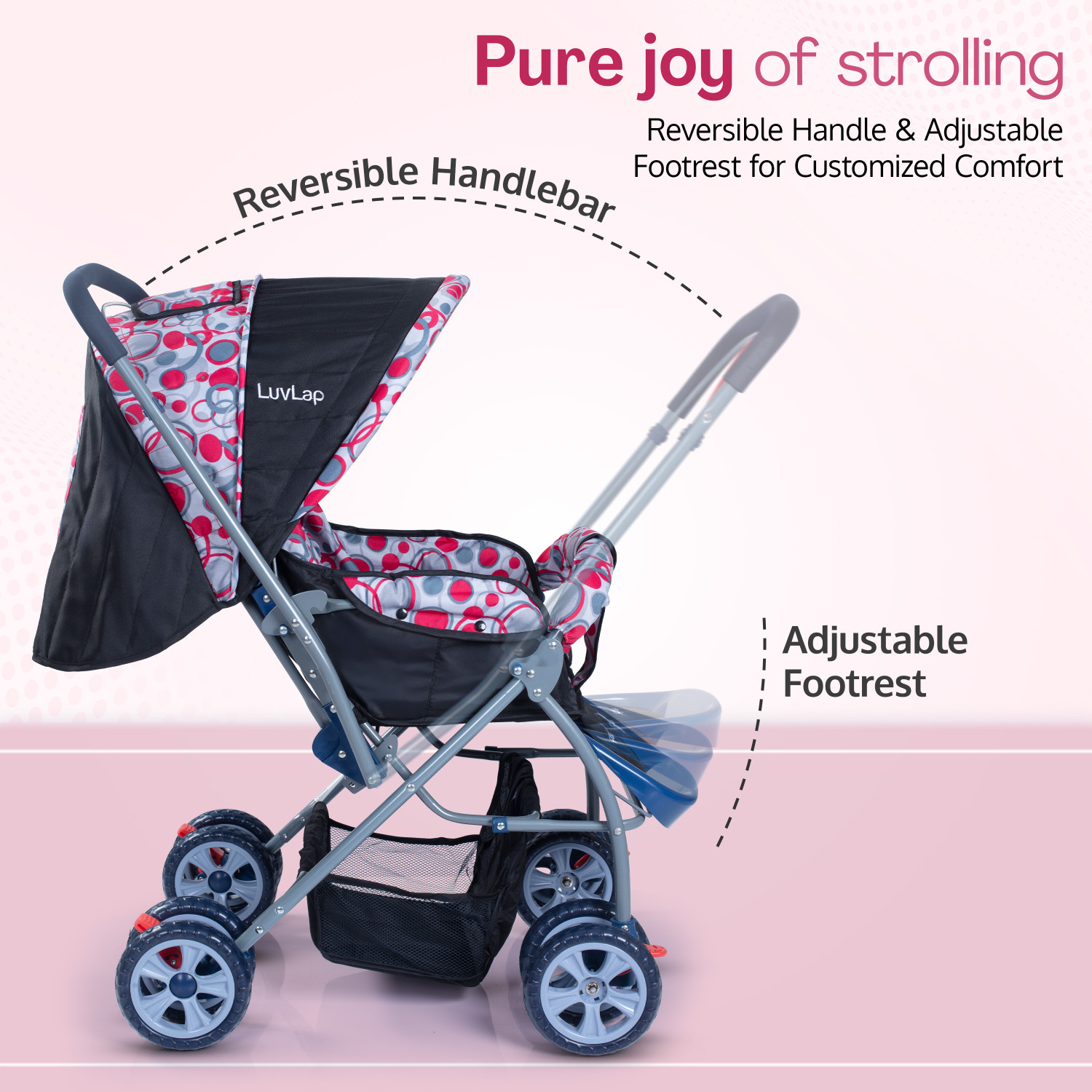 Image of LuvLap Starshine Stroller /Pram, Easy Fold for Newborn Baby /Kids, 0-3 Years, Stroller (3, Pink)