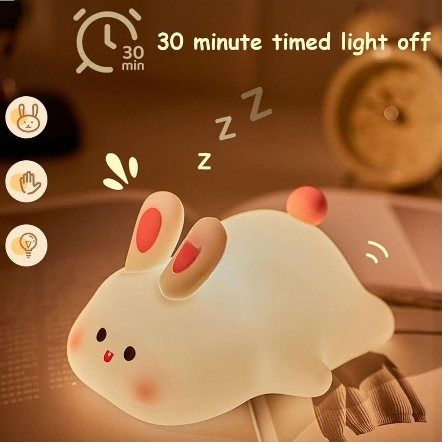 Image of FINARO Cute Rabbit Night Lamp, USB Rechargeable, Changing Light, Room Decor Night Lamp - 6 inch (Multicolor)