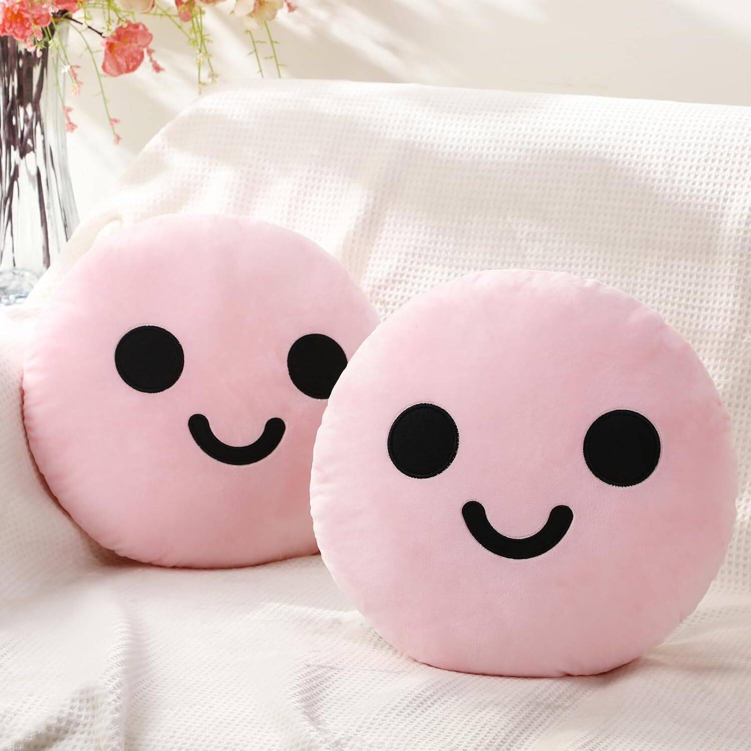 AVS 2 Pcs Smile Face Pillow Cute Round Decorative Pillow Soft Plush Cushion  - 9 inch