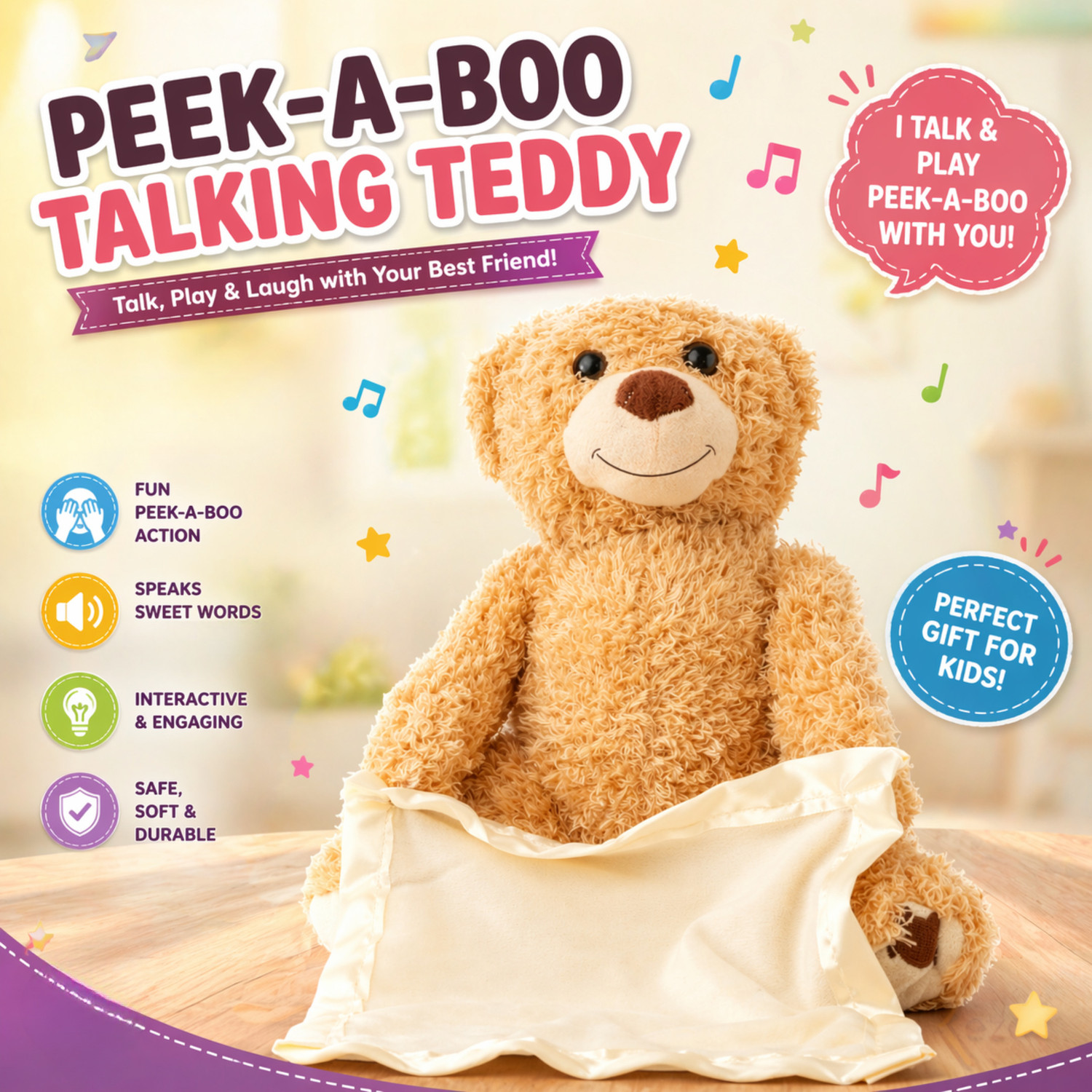 Kezam Peek-a-Boo Talking USB Teddy Bear – Interactive Plush Toy for Babies  - 15 cm