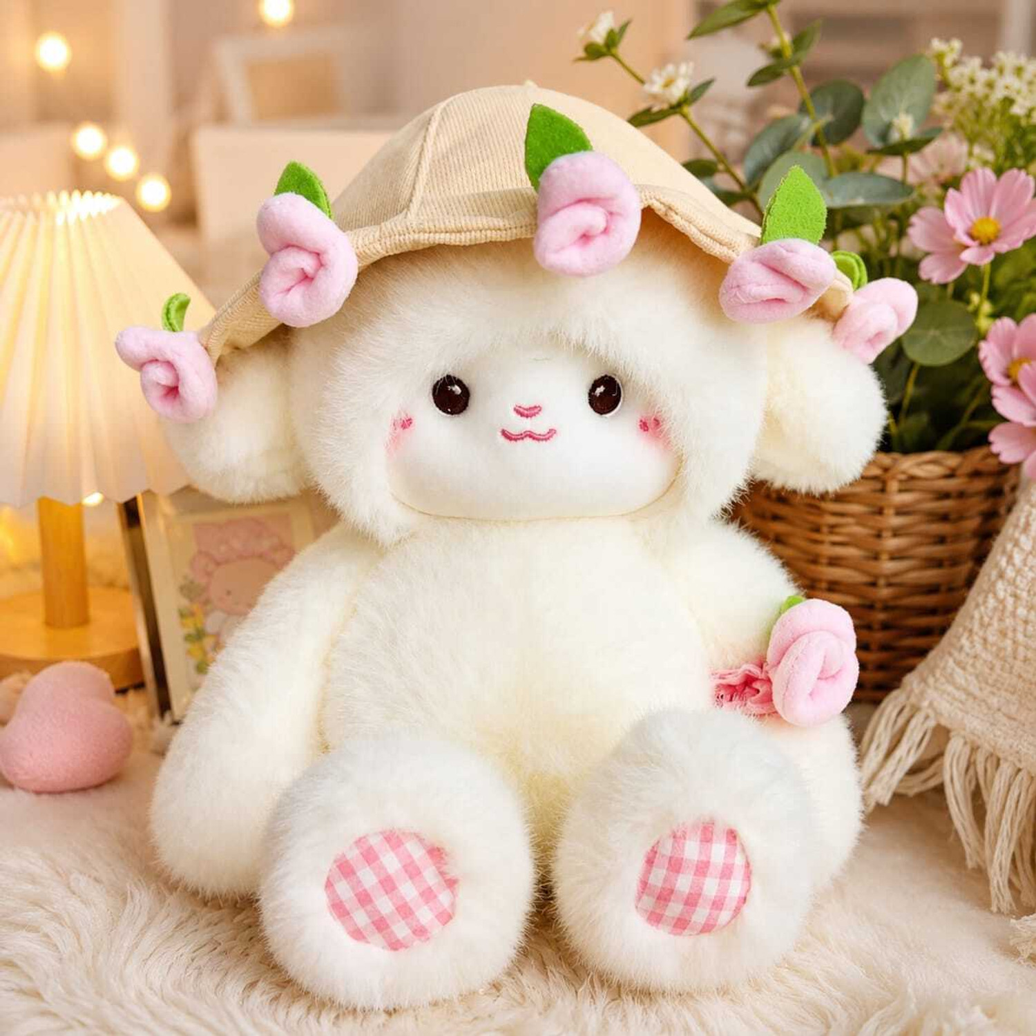 Image of POSHAMPAA Cute Fluffy Lamb Plush Toy with Floral Hat Soft Stuffed Toy for Kids & Girls - 30 cm