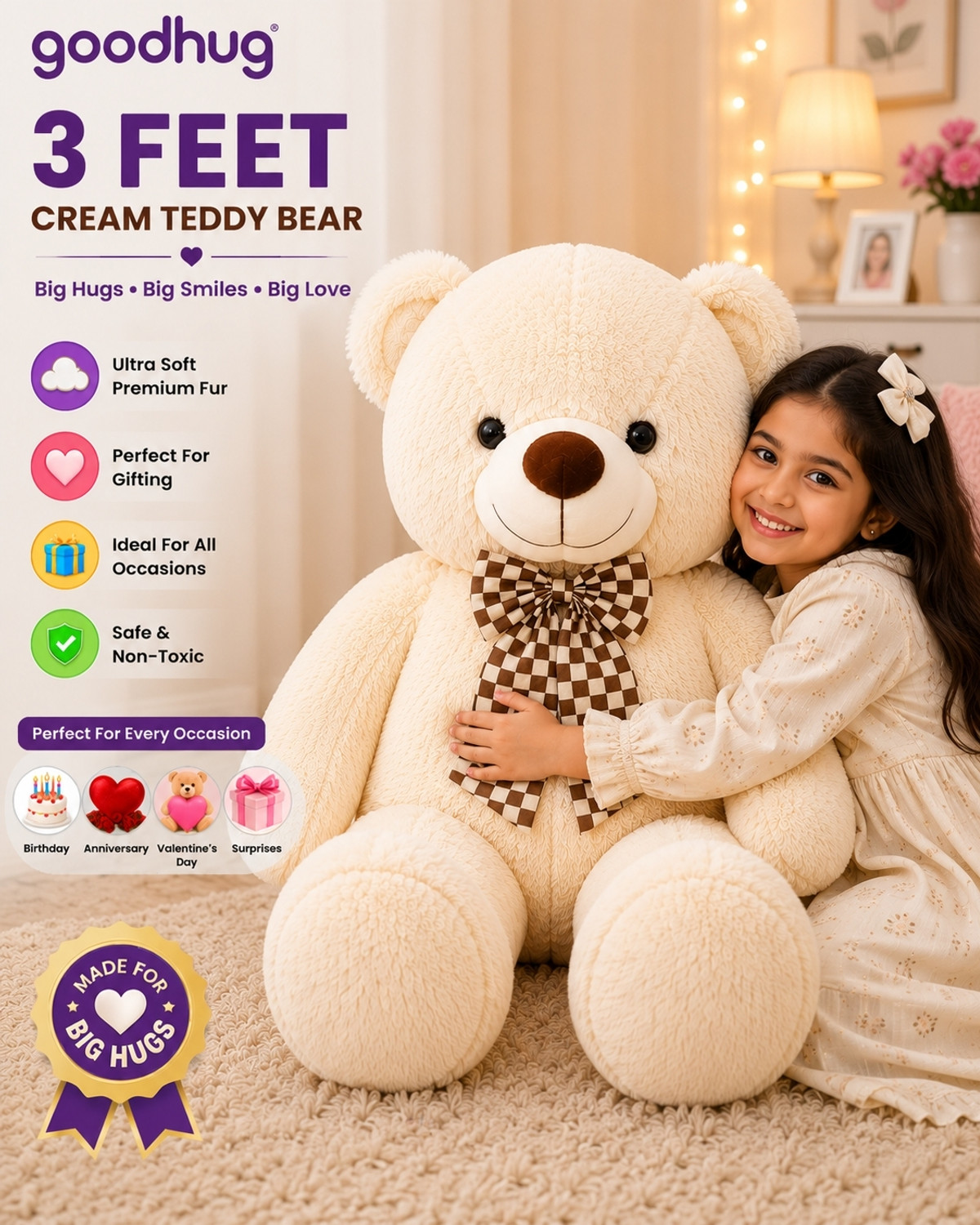 Image of Goodhug 3 Feet Giant Cream Teddy Bear Premium Plush Toy - 90 cm