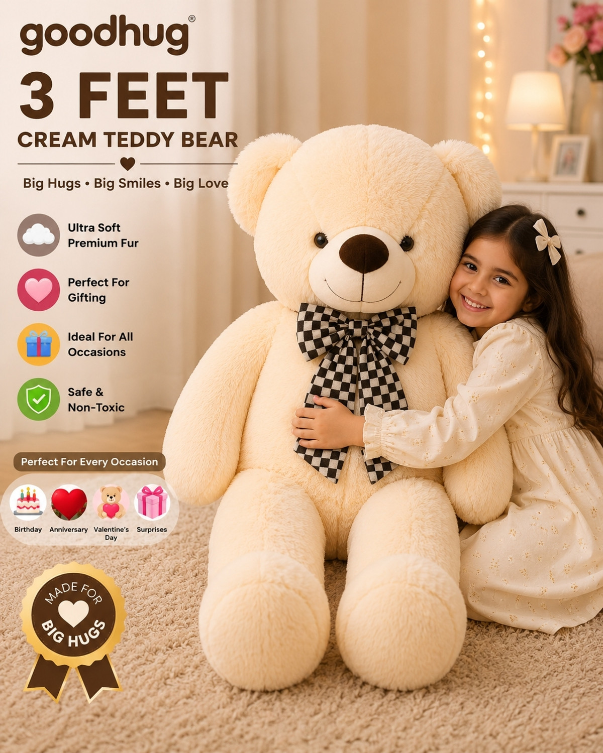 Image of Goodhug 3 Feet Giant Cream Teddy Bear Premium Plush Toy - 90 cm