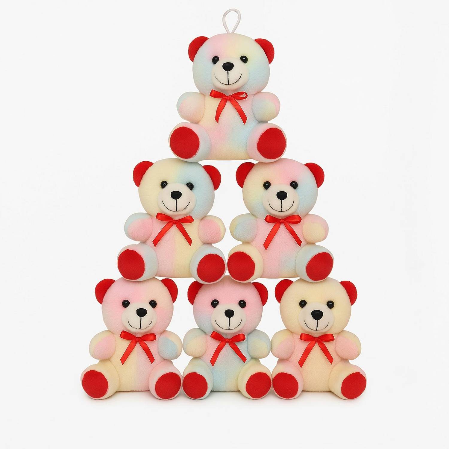 BlingNBeats Soft Teddy Bear Pack of 6 – Multicolor Plush Toys with Red Ribbon - 18 cm