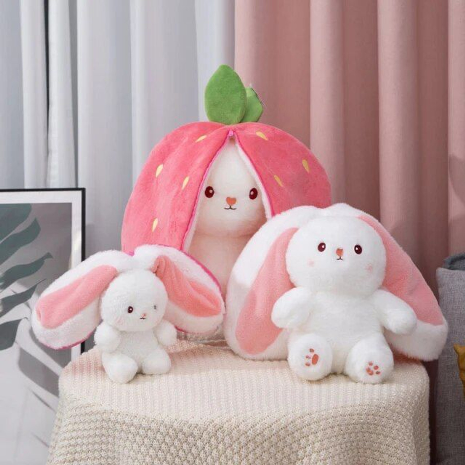 Image of Bitsu Bobsu Trending Reversible Rabbit - Strawberry Bunny Soft Toy ( Plushie Rabbit ) - 32 cm
