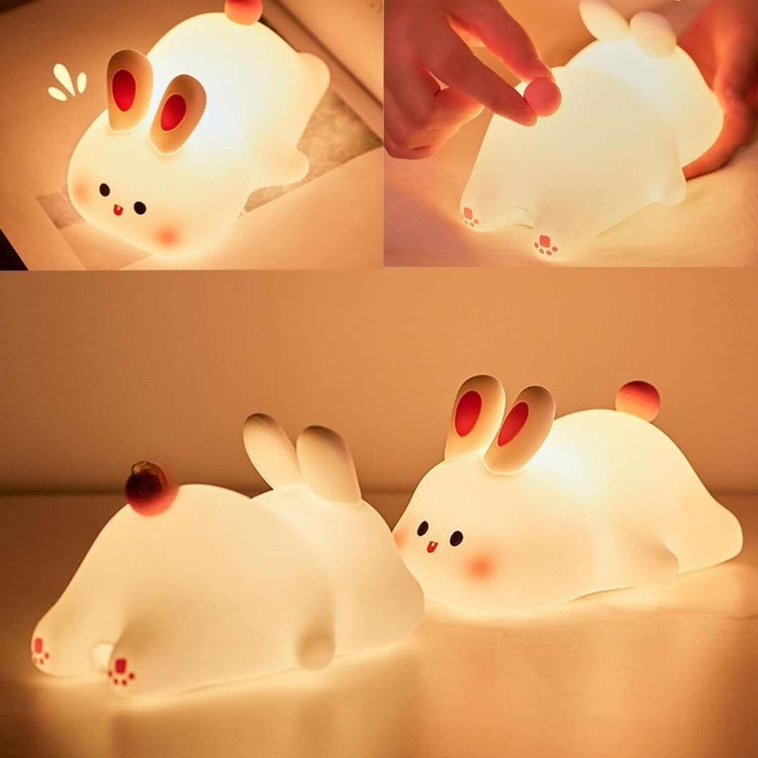 Image of FINARO Cute Rabbit Night Lamp, USB Rechargeable, Changing Light, Room Decor Night Lamp - 6 inch (Multicolor)