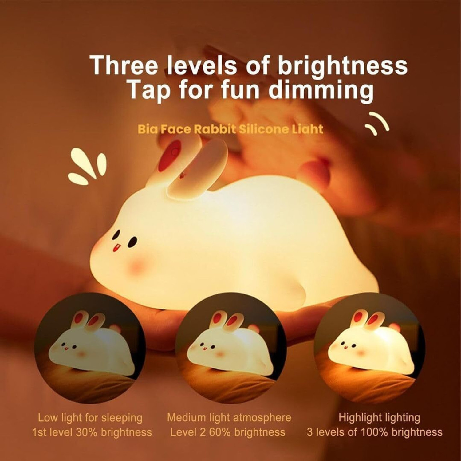 Image of FINARO Cute Rabbit Night Lamp, USB Rechargeable, Changing Light, Room Decor Night Lamp - 6 inch (Multicolor)