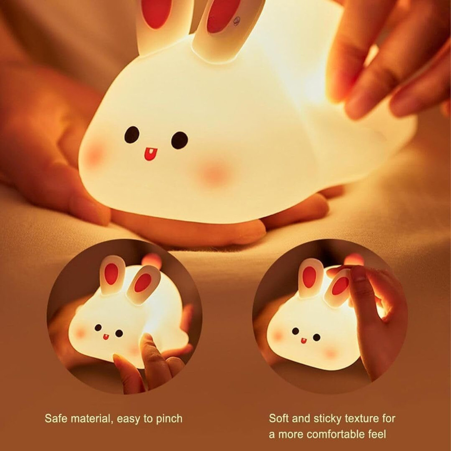 Image of FINARO Cute Rabbit Night Lamp, USB Rechargeable, Changing Light, Room Decor Night Lamp - 6 inch (Multicolor)