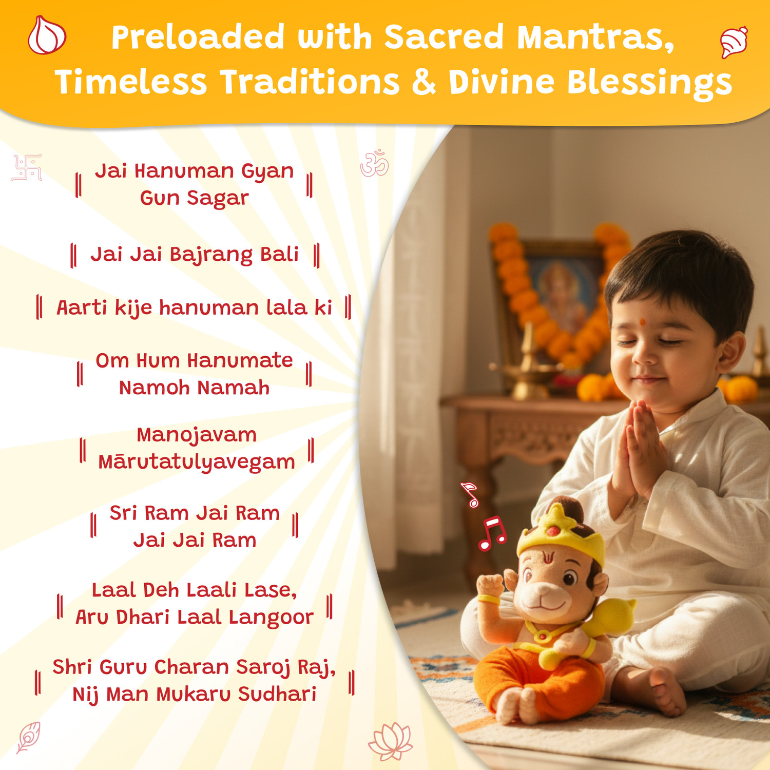 Image of WonderBuddy Divine Mantra Chanting Baby Hanuman Soft Toy with 8 Preloaded Mantras & Aartis - 25 mm