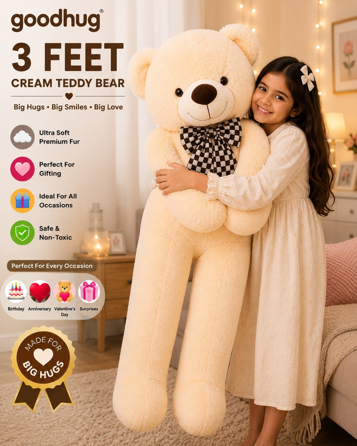 Image of Goodhug 3 Feet Giant Cream Teddy Bear Premium Plush Toy - 90 cm