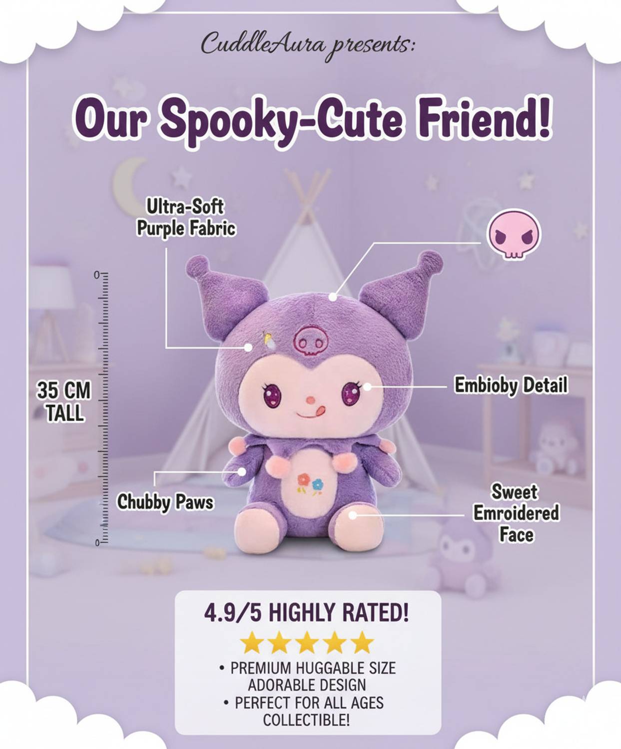 CuddleAura 35cm Kuromi- Plush Doll Sft Anime Character Toy for