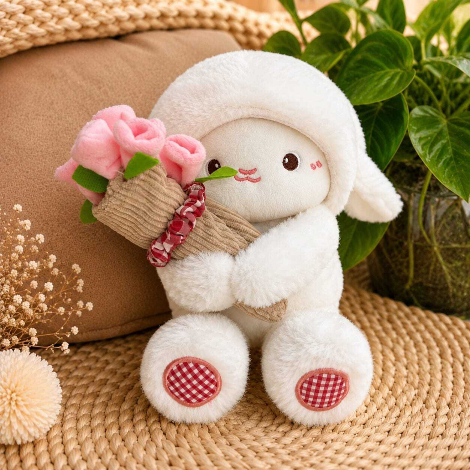 Image of POSHAMPAA Cute Fluffy Lamb Plush Toy with Floral Hat Soft Stuffed Toy for Kids & Girls - 30 cm