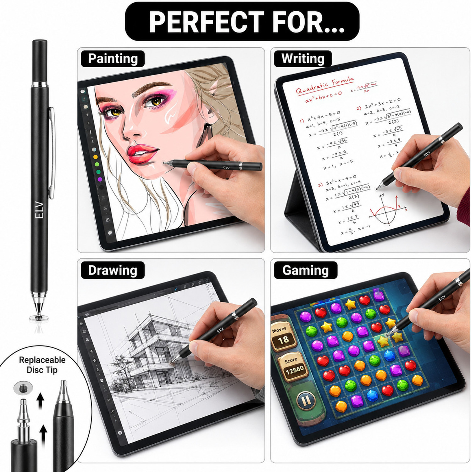 Image of ELV DIRECT 2nd Gen Capacitive Stylus Pen for Touchscreen Phones & Tablets | Black Stylus