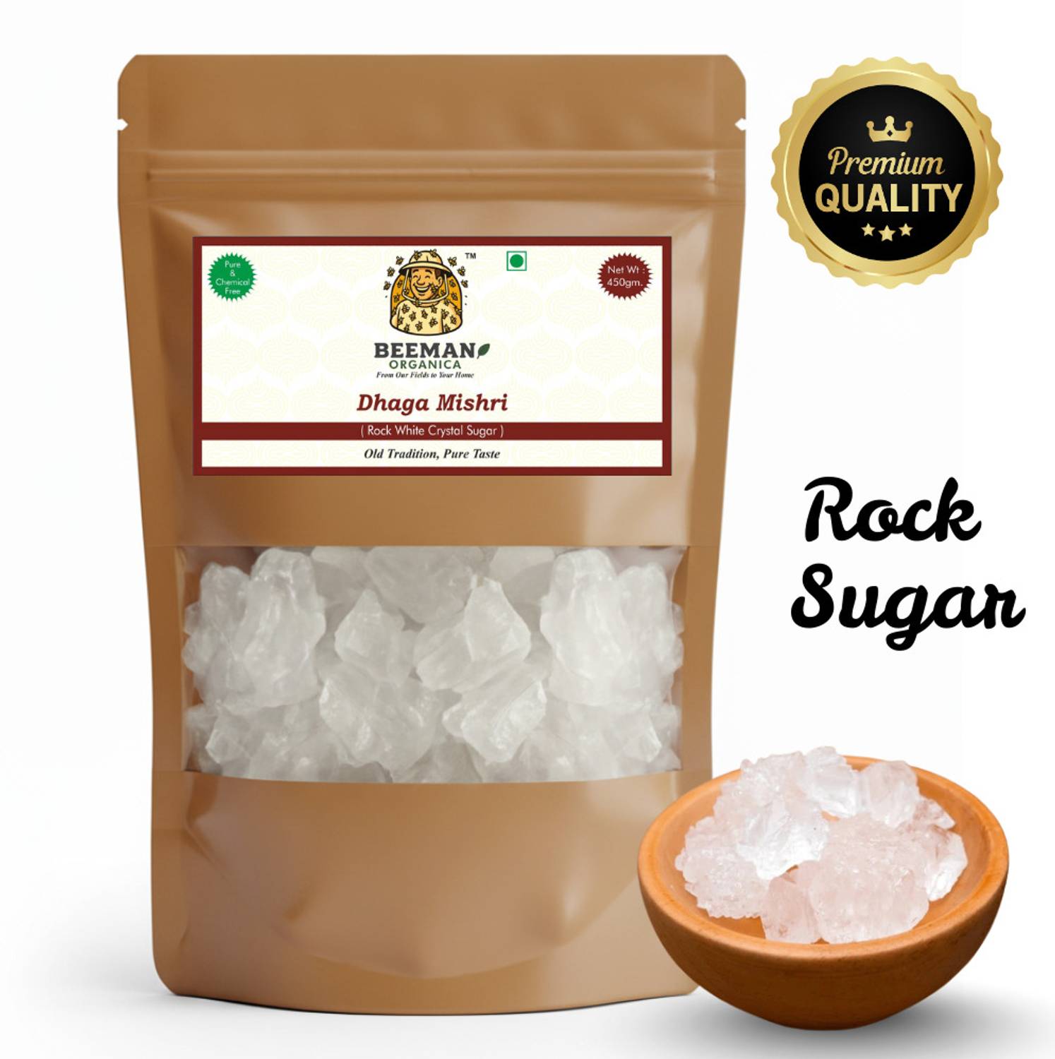 BEEMAN ORGANICA Organic Dhaga Mishri Pure White Rock Sugar 450 gm For Puja and Prasad Sugar Diamond