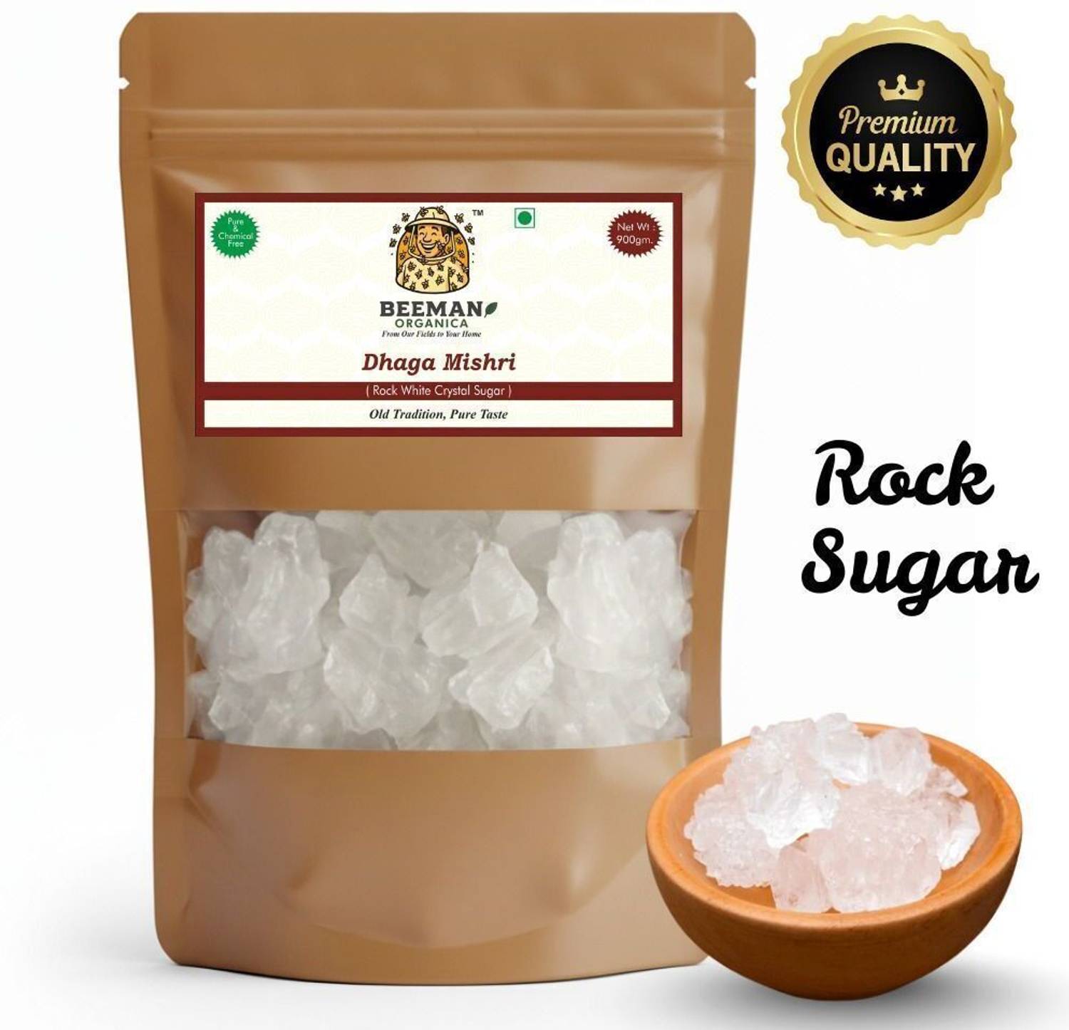 BEEMAN ORGANICA Organic Dhaga Mishri | White Crystal Sugar 900gm | Thread Crystal Sugar | Pure Herbal Sugar