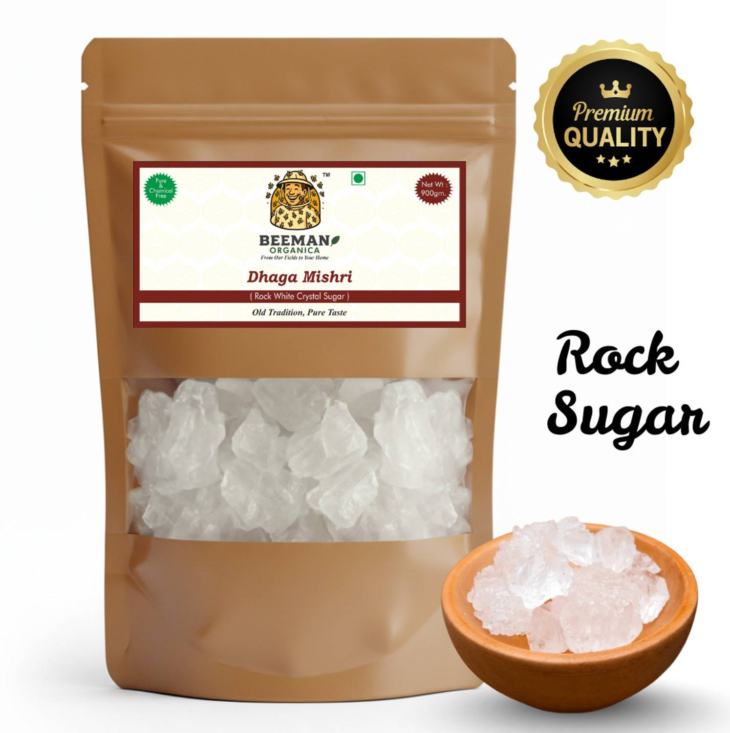 BEEMAN ORGANICA Organic Dhaga Mishri Pure White Rock Sugar 450 gm For Puja and Prasad Crystal Sugar Diamond