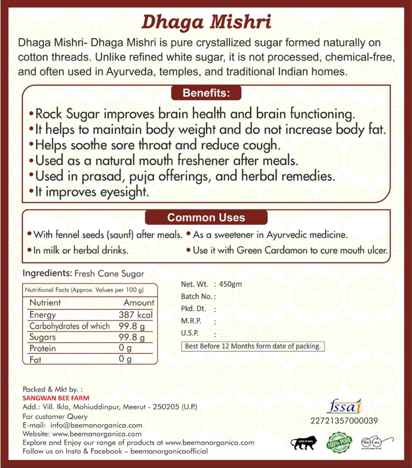 Image of BEEMAN ORGANICA Organic Dhaga Mishri Pure White Rock Sugar 450 gm For Puja and Prasad Sugar Diamond