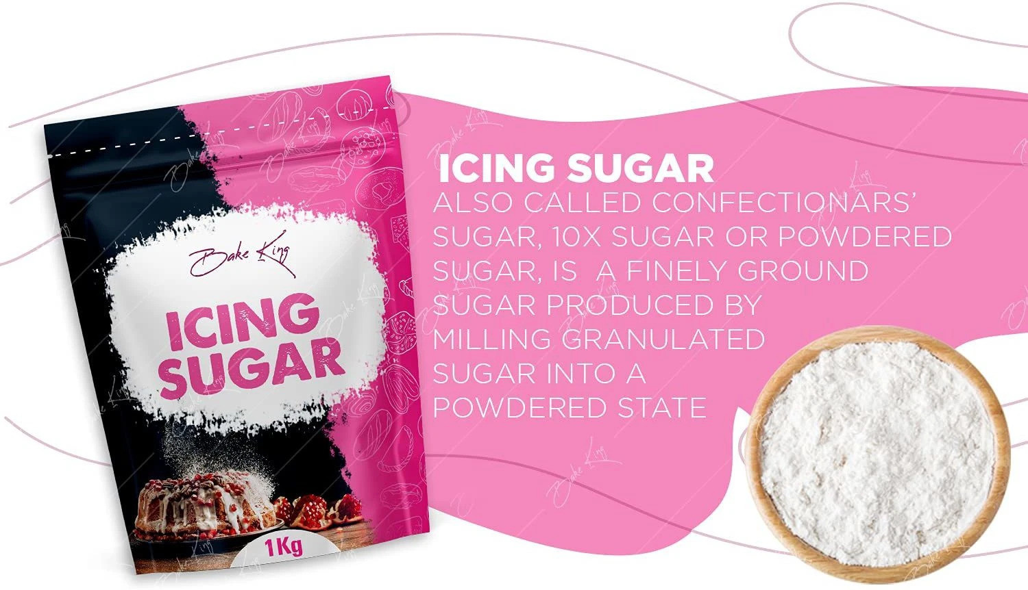 Image of Bake King Icing Sugar 1000G Icing Sugar Powder for Cake, Baking, Frosting, Glazing, Filling, Thickening or Simply Dusting Over Fruits / Pastries. FINE GRADE Icing Sugar Powder Baking Ingredients Icing Sugar Powder (1000 g) Icing Sugar