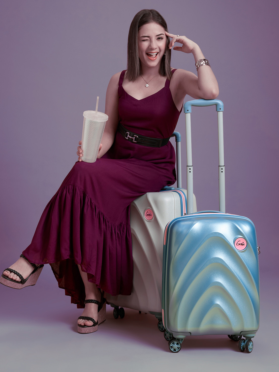 Image of Genie by Safari Daze Hard Luggage with Organized Interiors and Dual Wheels - Medium - Cloud Grey Check-in Suitcase 8 Wheels - 26 inch