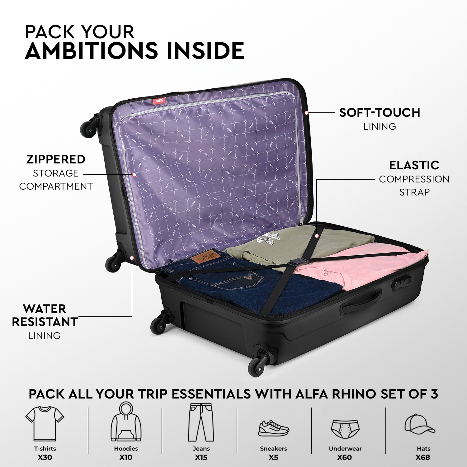 Image of ALFA by VIP Rhino - 75 Hardbody Trolley Bag Check-in Suitcase 4 Wheels - 30 Inch
