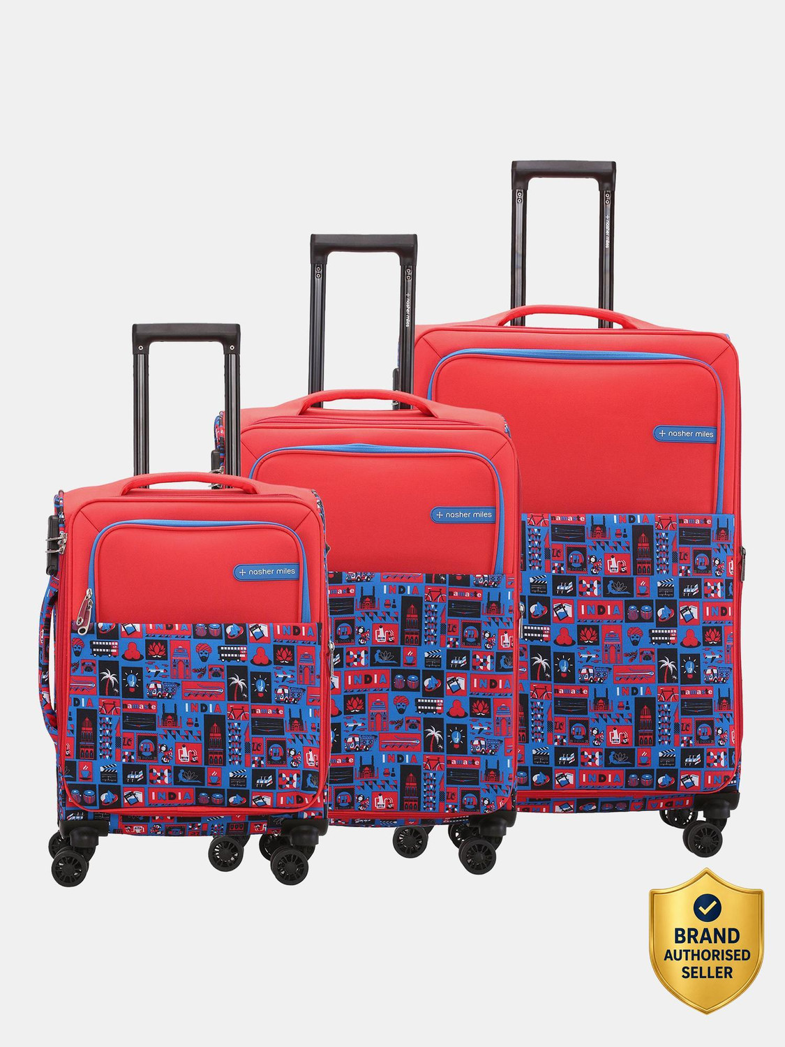 Image of NASHER MILES India Polyester Luggage Set of 3 Printed Trolley Bags (55, 65 & 75cm) Expandable Cabin & Check-in Set 8 Wheels - 28 Inch