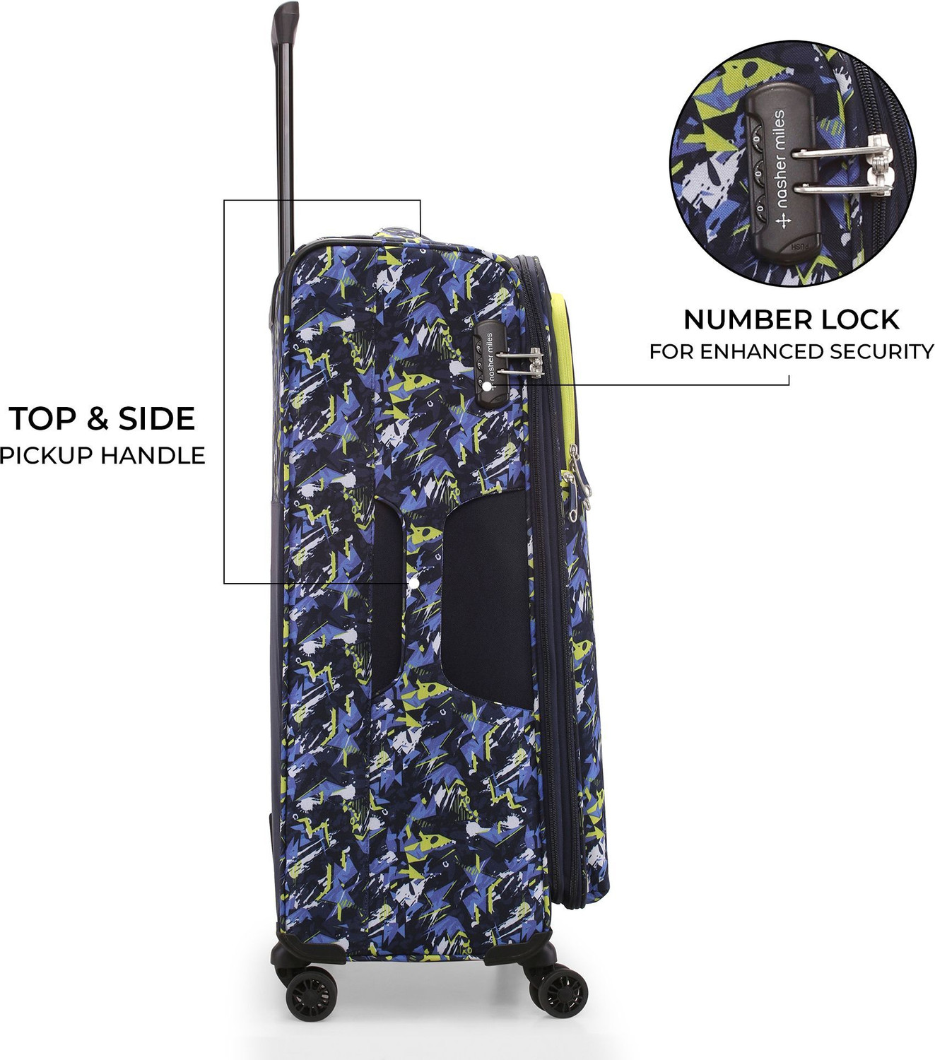 Image of NASHER MILES Bristol Polyester Luggage Set of 3 Printed Trolley Bags (55, 65 & 75cm) Expandable Cabin & Check-in Set 8 Wheels - 28 inch