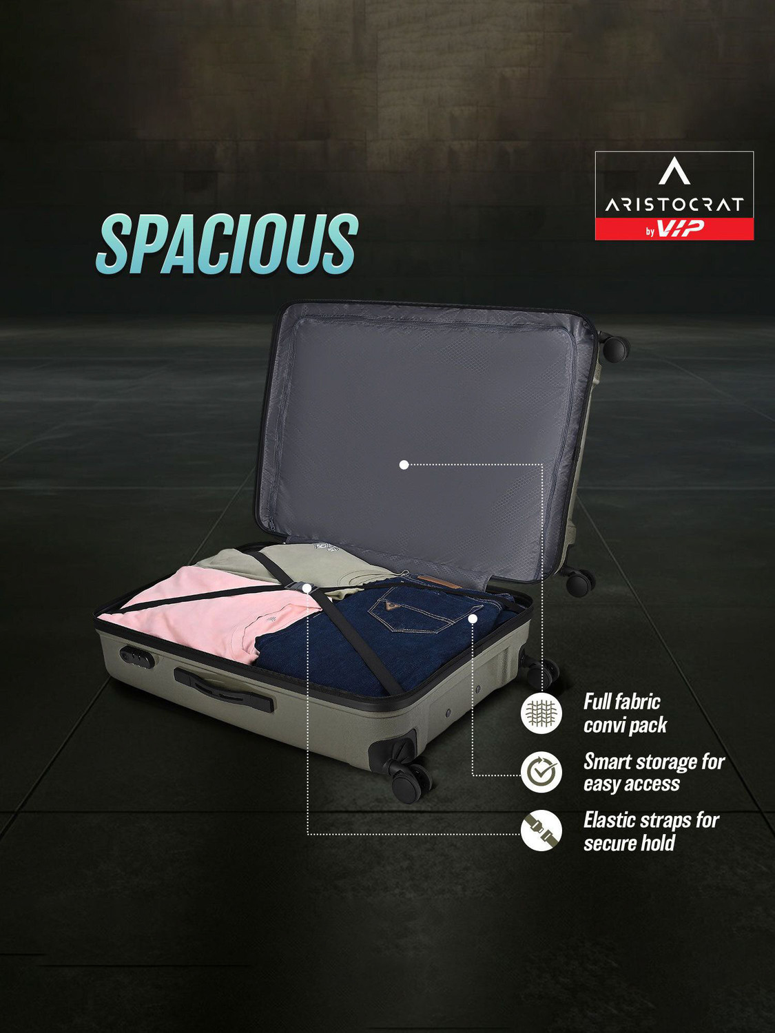 Image of ARISTOCRAT by VIP Invictus 2 (Small 55cm | Medium 65cm) - Trolley Bag Ivy Green Cabin & Check-in Set 8 Wheels - 26 Inch