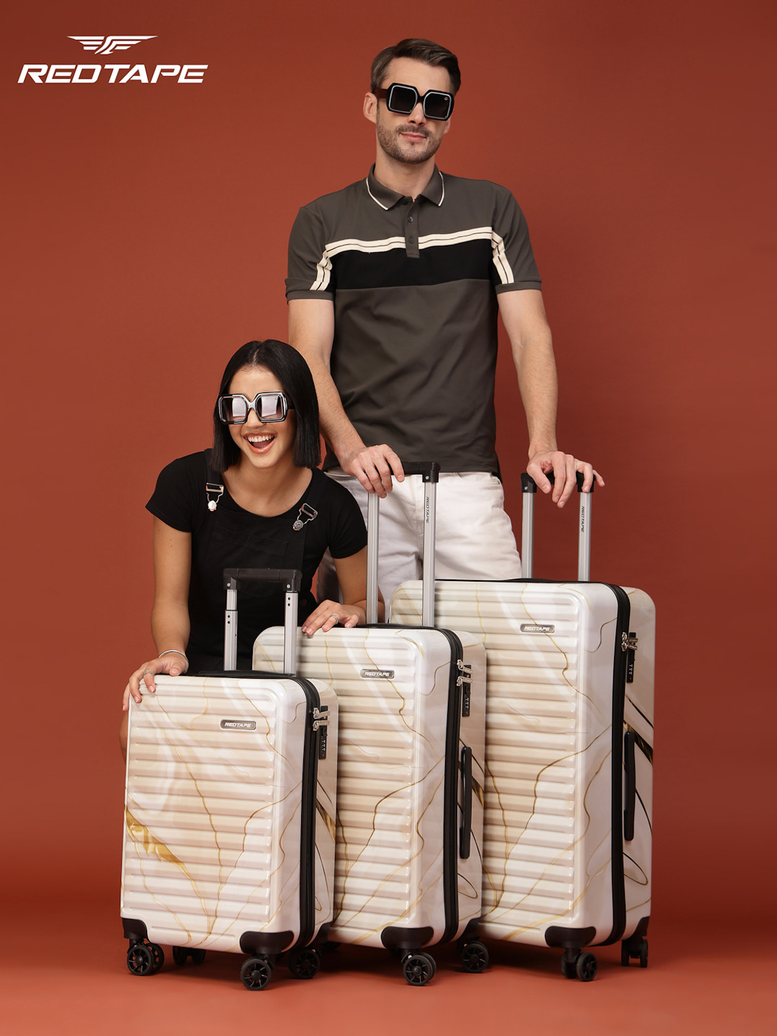 Image of Red Tape Unisex Polycarbonate Hard Trolley Bag (Large 76 cm + Medium 66 cm + Small 56 cm) Cabin & Check-in Set 8 Wheels - 28 inch