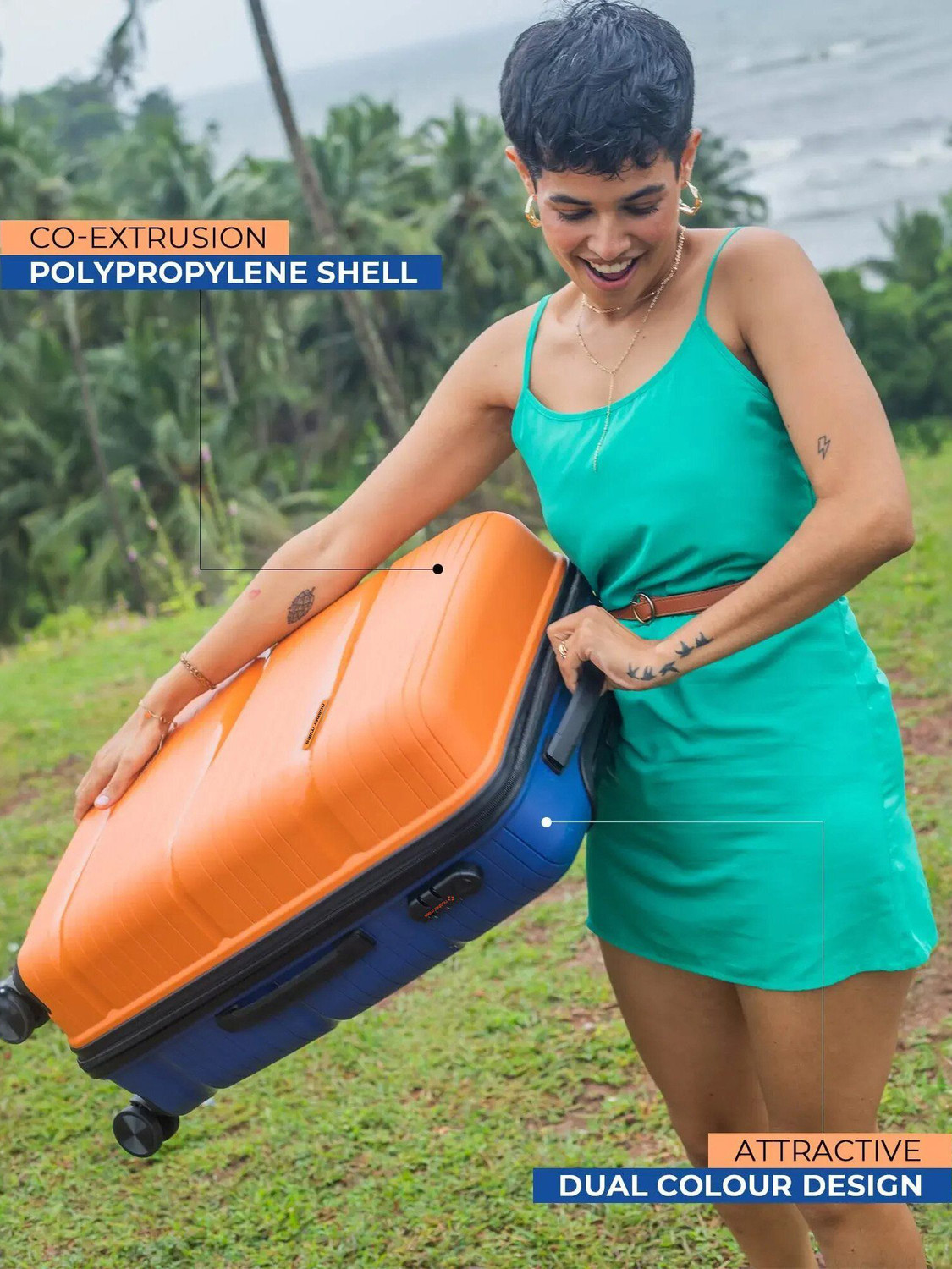 Image of NASHER MILES Nicobar Hard-Sided Dual Tone Luggage Set of 3 Orange and Blue (55, 65 & 75 cm) Cabin & Check-in Set 8 Wheels - 28 inch