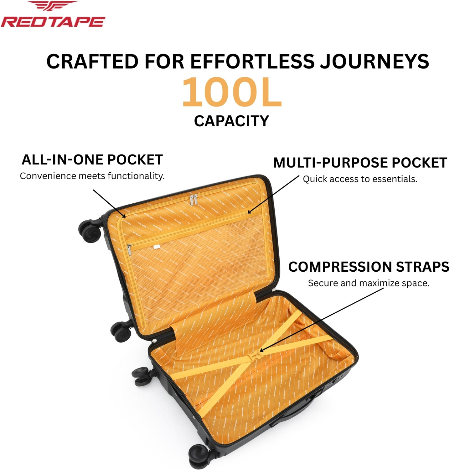 Image of Red Tape Unisex 100L Polypropylene Hard Trolley Bag Check-in Suitcase 8 Wheels - 28 inch