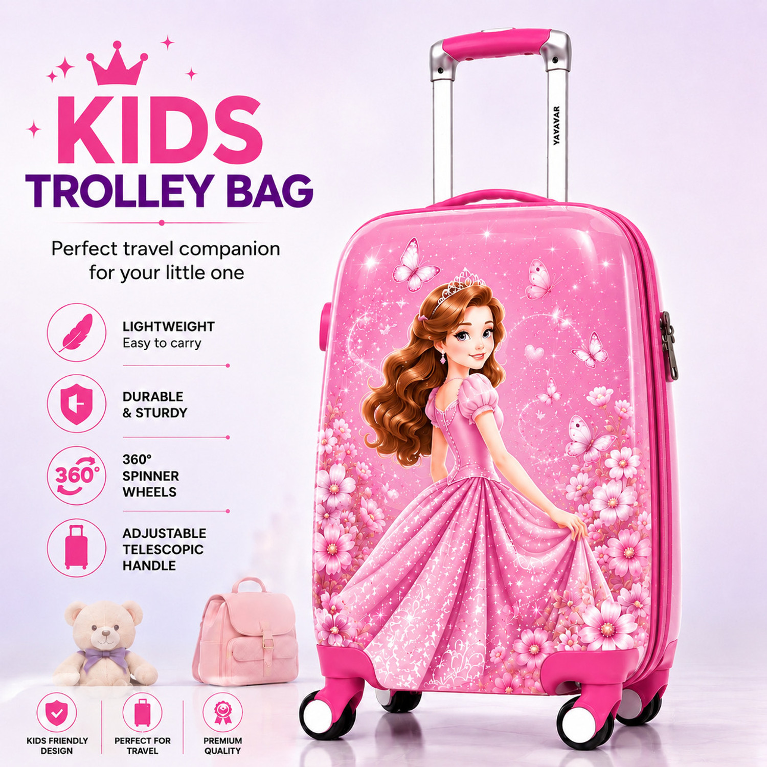 Image of YAYAVAR KIDZ GIRLS PRINCESS TROLLEYBAGS SMALL SIZE PREMIUM QUALITY LUGGAGE Check-in Suitcase 8 Wheels - 24 inch