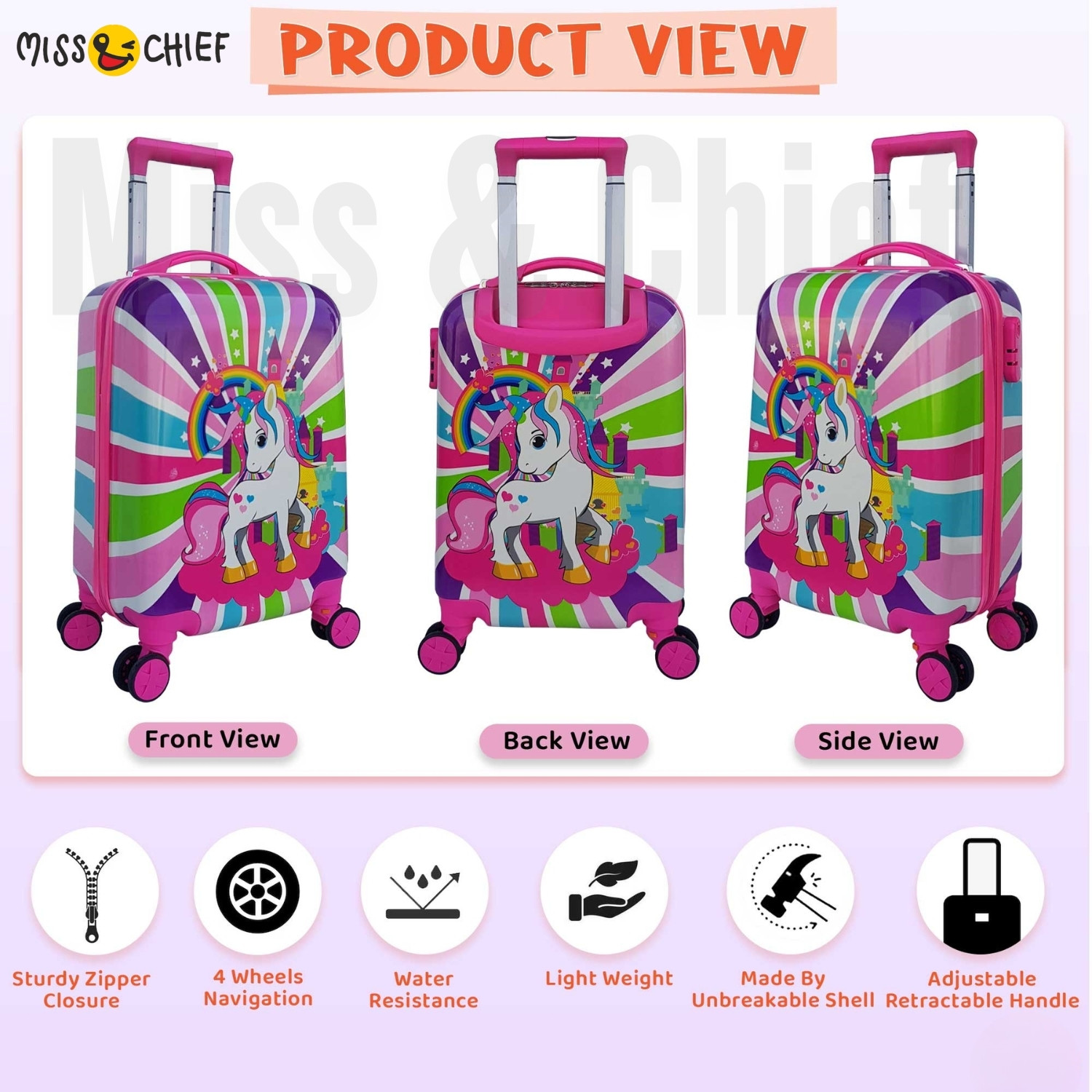 Image of Miss & Chief ABS Hard Shell Cartoon Print Kids Travel Trolley Bag With 360 spinner wheels Cabin Suitcase 8 Wheels - 20 inch