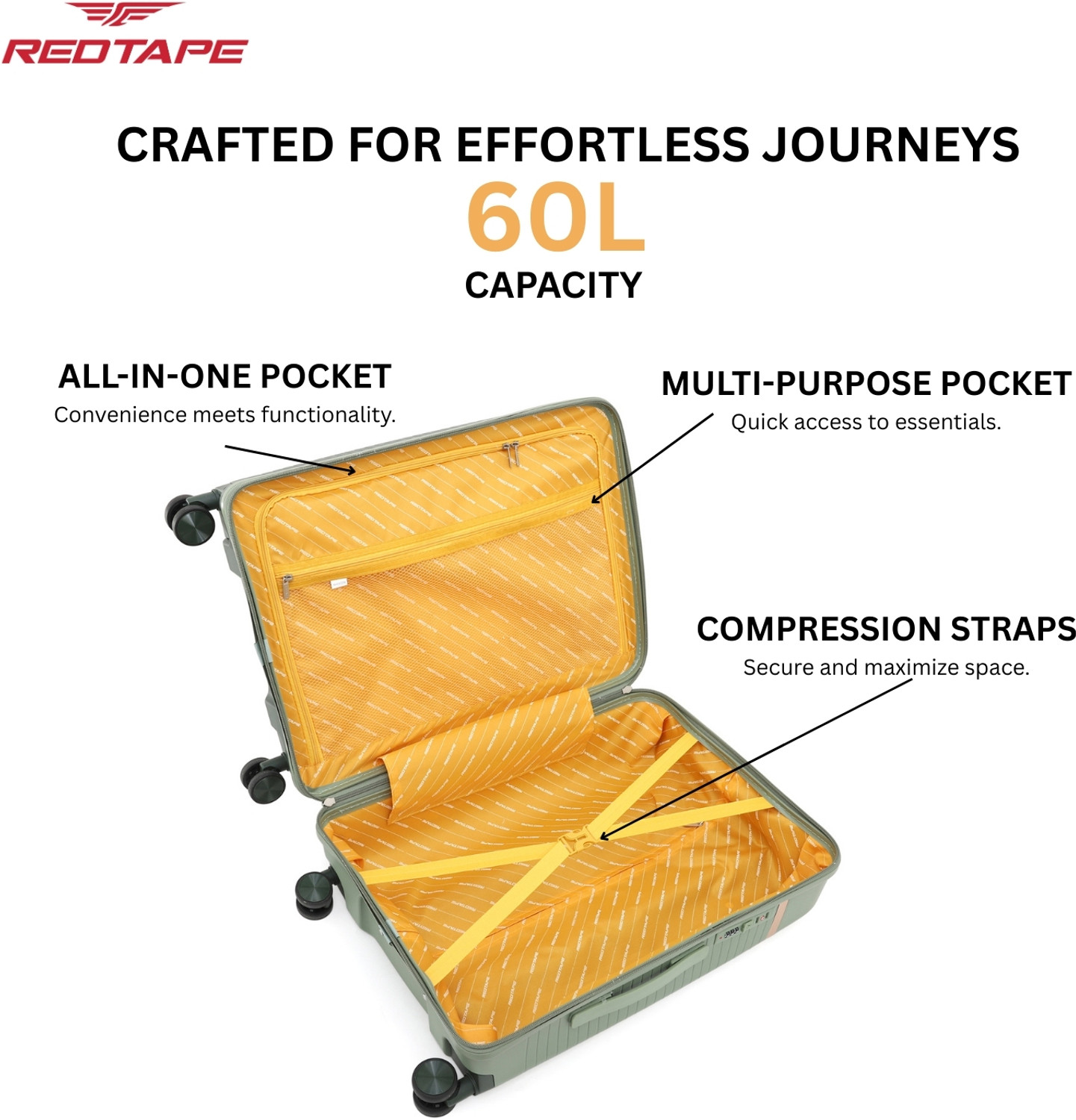 Image of Red Tape Unisex 60L Polypropylene Hard Trolley Bag With Mobile Holder Check-in Suitcase 8 Wheels - 24 inch