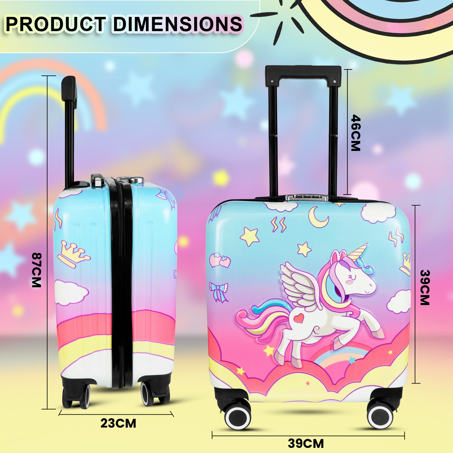 Image of STORITE Cute Unicorn Print 360 Spinner Trolly Luggage for Kids Cabin Suitcase 4 Wheels - 15 inch