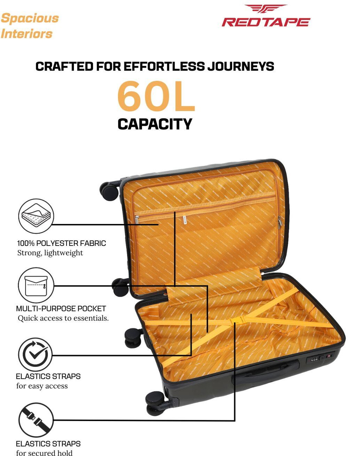 Image of Red Tape Unisex 60L Polycarbonate Hard Medium Check-in Trolley Bag (66 cm) Check-in Suitcase 8 Wheels - 24 inch