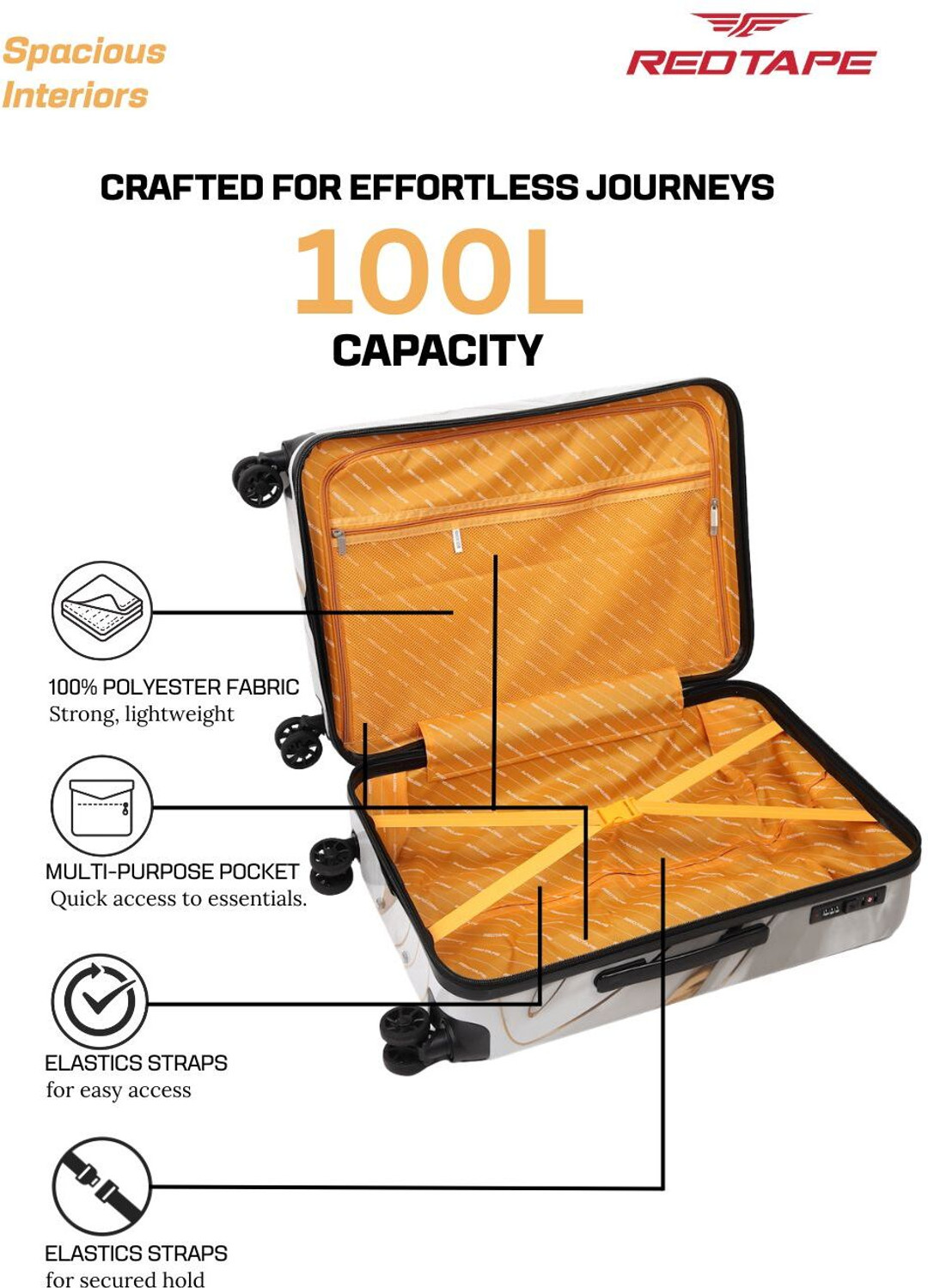 Image of Red Tape Unisex 100L Polycarbonate Hard Large Check-in Trolley Bag (76 cm) Check-in Suitcase 8 Wheels - 28 inch