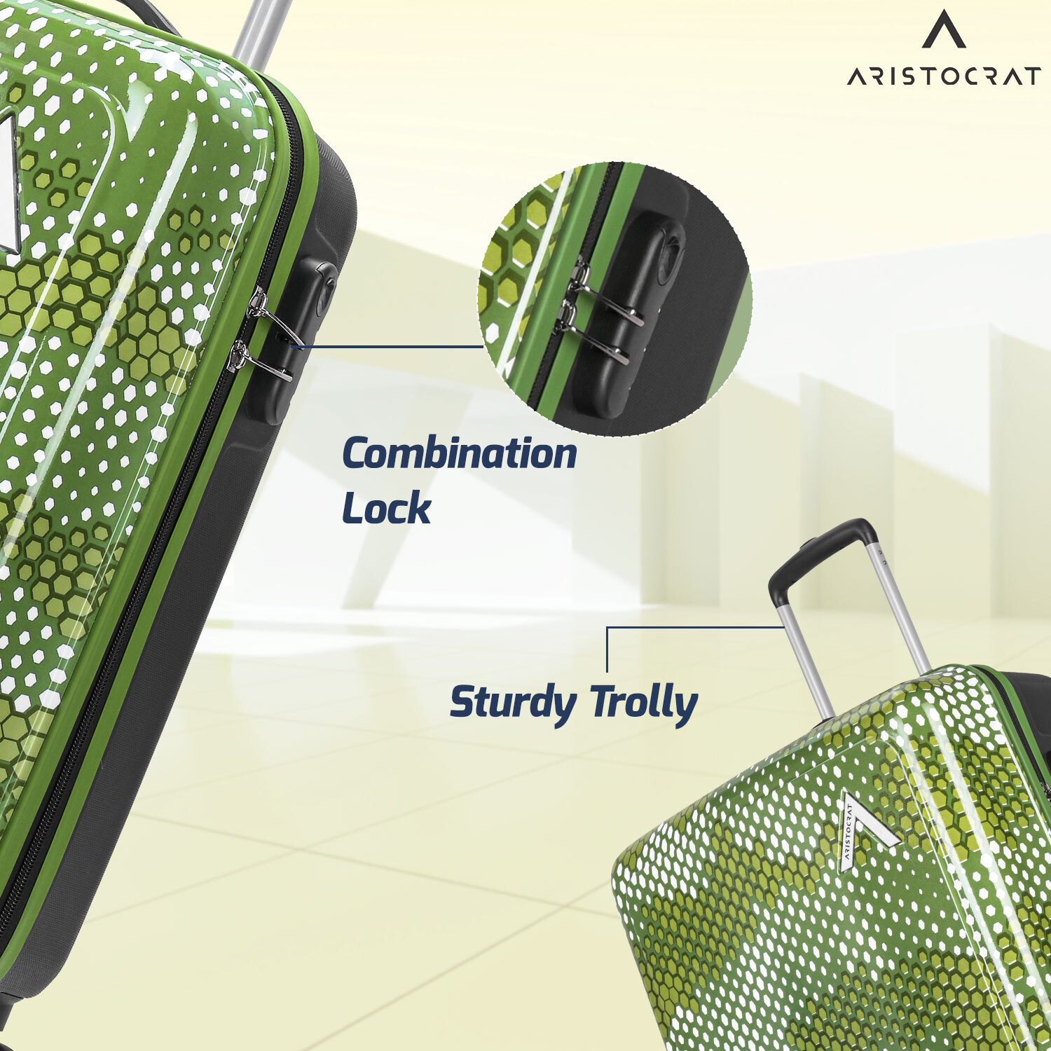 Image of ARISTOCRAT Combat Cabin Trolley Bag | Hard Luggage | Combination Lock with Sturdy Zipper Cabin Suitcase 8 Wheels - 21 Inch