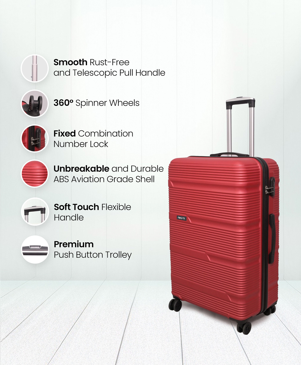Image of Roamx COMBO SET OF 2 PREMIUM LUGGAGE TROLLEYBAG CHERRY RED SUITCASE Cabin & Check-in Set 8 Wheels - 24 inch